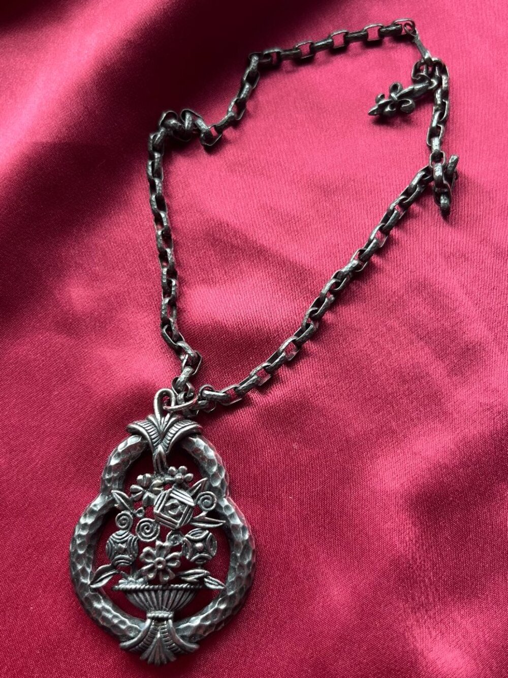 Vintage 1960s Vendome Pewter Pendant Necklace - Flower Pot, Flower Basket, Signe